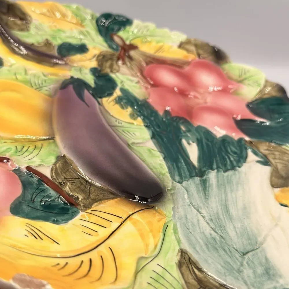 Vintage Italy Majolica Vegetable Wall Platter 13” Eggplant Radish Celery Relief